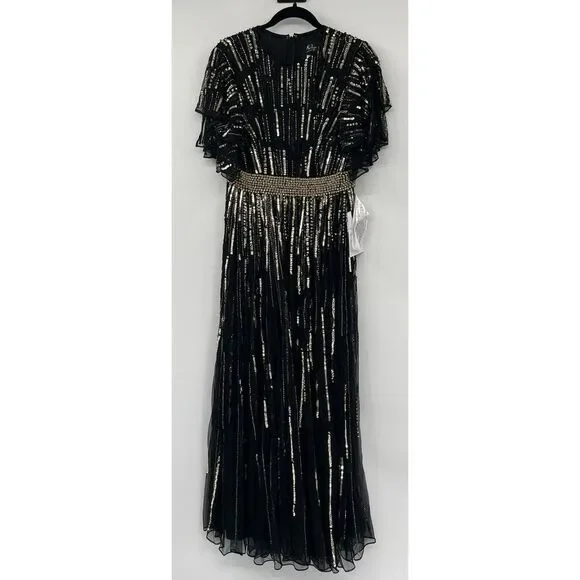 Mac Duggal 93582 Flare Sleeve‎ Embellished Dress Black Gold Cap Sleeve - flaws - Picture 4 of 11